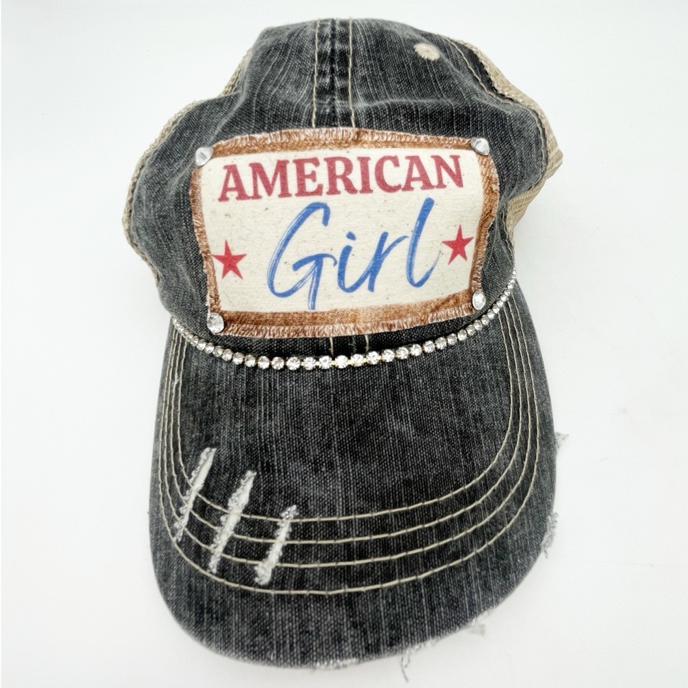 American Girl two tone distressed trucker ball cap.